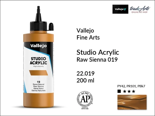 Acrylic Studio Vallejo farba akrylowa Raw Sienna 019, farby akrylowe Vallejo Acrylic Studio, farby akrylowe Vallejo Acrylic Studio 200 ml, farba akrylowa Raw Sienna 019  200 ml, farby Vallejo, Acrylicos Vallejo,