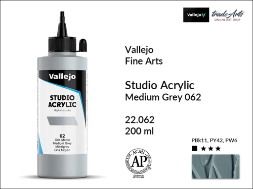 Acrylic Studio Vallejo farba akrylowa Medium Grey 062, farby akrylowe Vallejo Acrylic Studio, farby akrylowe Vallejo Acrylic Studio 200 ml, farba akrylowa Medium Grey 062  200 ml, farby Vallejo, Acrylicos Vallejo,