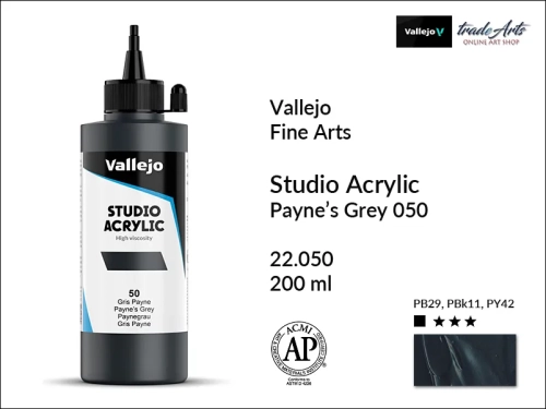 Acrylic Studio Vallejo farba akrylowa Payne's Grey 050, farby akrylowe Vallejo Acrylic Studio, farby akrylowe Vallejo Acrylic Studio 200 ml, farba akrylowa Payne's Grey 050  200 ml, farby Vallejo, Acrylicos Vallejo,