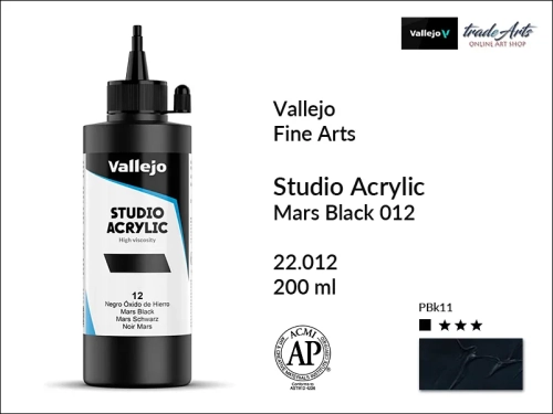 Acrylic Studio Vallejo farba akrylowa Mars Black 012, farby akrylowe Vallejo Acrylic Studio, farby akrylowe Vallejo Acrylic Studio 200 ml, farba akrylowa Mars Black 012 200 ml, farby Vallejo, Acrylicos Vallejo,