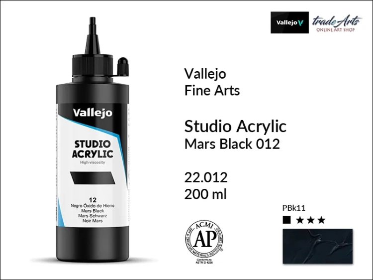 Acrylic Studio Vallejo farba akrylowa Mars Black 012, farby akrylowe Vallejo Acrylic Studio, farby akrylowe Vallejo Acrylic Studio 200 ml, farba akrylowa Mars Black 012 200 ml, farby Vallejo, Acrylicos Vallejo,