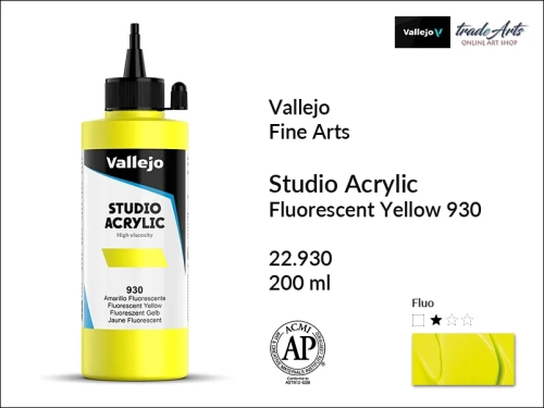 Acrylic Studio Vallejo farba akrylowa Yellow Fluorescent 930, farby akrylowe Vallejo Acrylic Studio, farby akrylowe Vallejo Acrylic Studio 200 ml, farba akrylowa Yellow Fluorescent 930  200 ml, farby Vallejo, Acrylicos Vallejo,