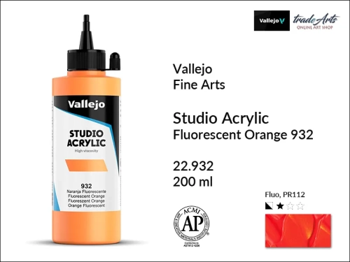 Acrylic Studio Vallejo farba akrylowa Orange Fluorescent 932, farby akrylowe Vallejo Acrylic Studio, farby akrylowe Vallejo Acrylic Studio 200 ml, farba akrylowa Orange Fluorescent 932  200 ml, farby Vallejo, Acrylicos Vallejo,