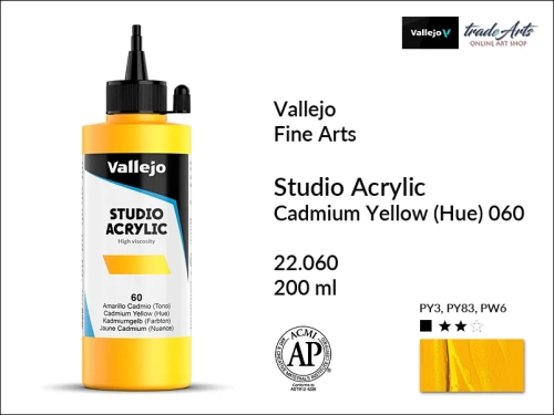 Acrylic Studio Vallejo farba akrylowa Cadmium Yellow 060, farby akrylowe Vallejo Acrylic Studio, farby akrylowe Vallejo Acrylic Studio 200 ml, farba akrylowa Cadmium Yellow 060  200 ml, farby Vallejo, Acrylicos Vallejo,