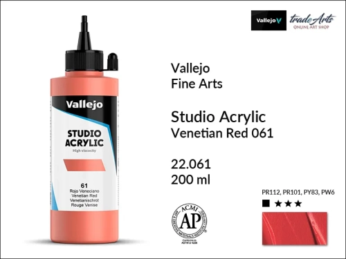 Acrylic Studio Vallejo farba akrylowa Venetian Red 061, farby akrylowe Vallejo Acrylic Studio, farby akrylowe Vallejo Acrylic Studio 200 ml, farba akrylowa Venetian Red 061  200 ml, farby Vallejo, Acrylicos Vallejo,
