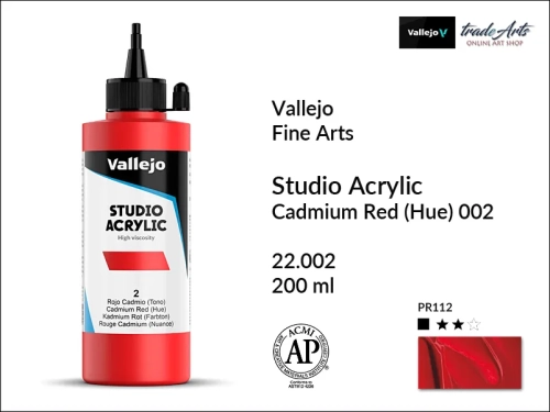 Acrylic Studio Vallejo farba akrylowa Cadmium Red 002, farby akrylowe Vallejo Acrylic Studio, farby akrylowe Vallejo Acrylic Studio 200 ml, farba akrylowa Cadmium Red 002  200 ml, farby Vallejo, Acrylicos Vallejo,