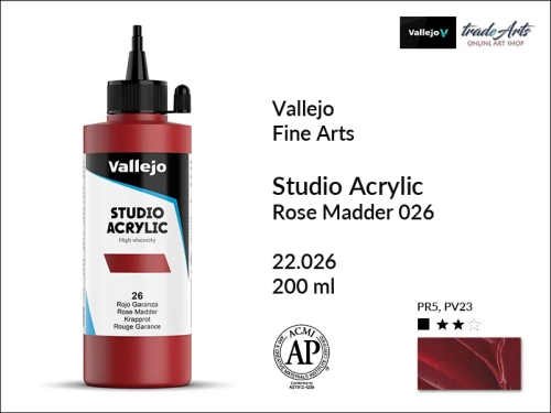 Acrylic Studio Vallejo farba akrylowa Rose Madder 026, farby akrylowe Vallejo Acrylic Studio, farby akrylowe Vallejo Acrylic Studio 200 ml, farba akrylowa Rose Madder 026  200 ml, farby Vallejo, Acrylicos Vallejo,