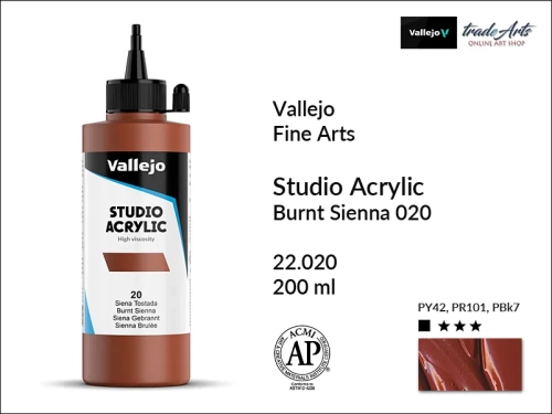 Acrylic Studio Vallejo farba akrylowa Burnt Sienna 020, farby akrylowe Vallejo Acrylic Studio, farby akrylowe Vallejo Acrylic Studio 200 ml, farba akrylowa Burnt Sienna 020  200 ml, farby Vallejo, Acrylicos Vallejo,