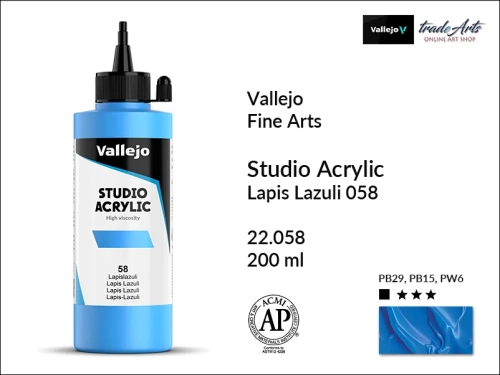 Acrylic Studio Vallejo farba akrylowa Lapis Lazuli 058, farby akrylowe Vallejo Acrylic Studio, farby akrylowe Vallejo Acrylic Studio 200 ml, farba akrylowa Lapis Lazuli 058  200 ml, farby Vallejo, Acrylicos Vallejo,