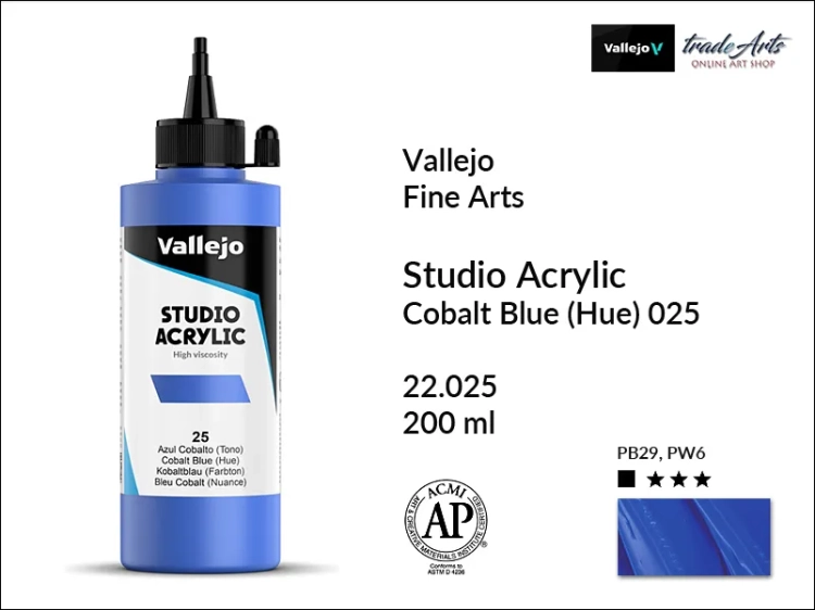 Acrylic Studio Vallejo farba akrylowa Cobalt Blue 025, farby akrylowe Vallejo Acrylic Studio, farby akrylowe Vallejo Acrylic Studio 200 ml, farba akrylowa Cobalt Blue 025  200 ml, farby Vallejo, Acrylicos Vallejo,