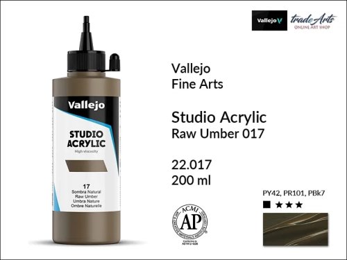Acrylic Studio Vallejo farba akrylowa Raw Umber 017, farby akrylowe Vallejo Acrylic Studio, farby akrylowe Vallejo Acrylic Studio 200 ml, farba akrylowa Raw Umber 017  200 ml, farby Vallejo, Acrylicos Vallejo,