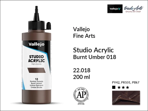 Acrylic Studio Vallejo farba akrylowa Burnt Umber 018, farby akrylowe Vallejo Acrylic Studio, farby akrylowe Vallejo Acrylic Studio 200 ml, farba akrylowa Burnt Umber 018  200 ml, farby Vallejo, Acrylicos Vallejo,