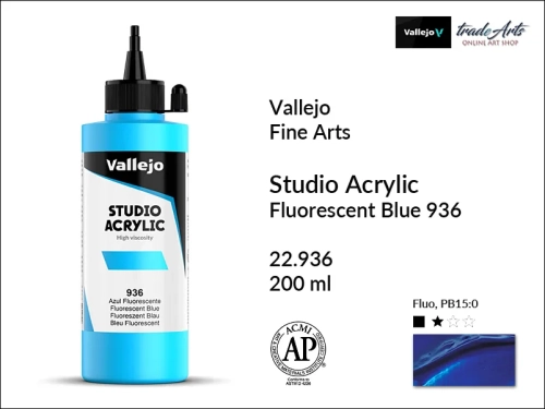Acrylic Studio Vallejo farba akrylowa Blue Fluorescent 936, farby akrylowe Vallejo Acrylic Studio, farby akrylowe Vallejo Acrylic Studio 200 ml, farba akrylowa Blue Fluorescent 936  200 ml, farby Vallejo, Acrylicos Vallejo,