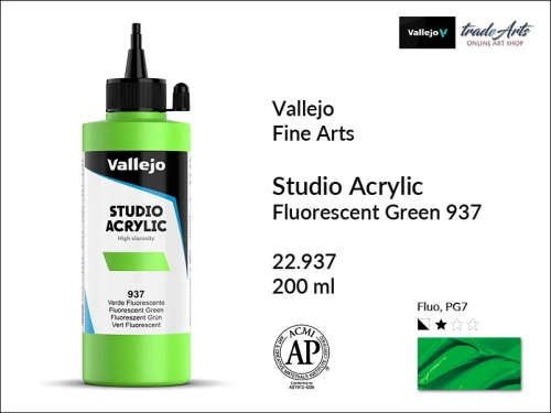 Acrylic Studio Vallejo farba akrylowa Green Fluorescent 937, farby akrylowe Vallejo Acrylic Studio, farby akrylowe Vallejo Acrylic Studio 200 ml, farba akrylowa Green Fluorescent 937  200 ml, farby Vallejo, Acrylicos Vallejo,