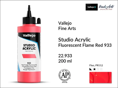 Acrylic Studio Vallejo farba akrylowa Flame Red Fluorescent 933, farby akrylowe Vallejo Acrylic Studio, farby akrylowe Vallejo Acrylic Studio 200 ml, farba akrylowa Flame Red Fluorescent 933 200 ml, farby Vallejo, Acrylicos Vallejo,