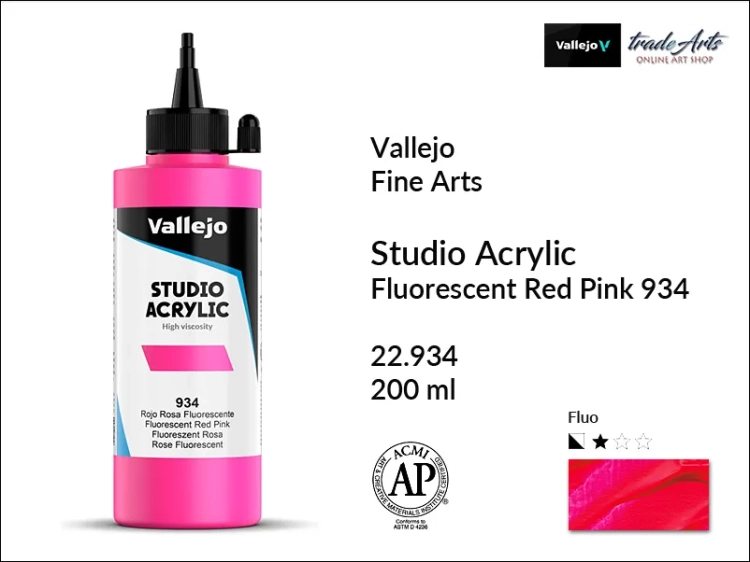 Acrylic Studio Vallejo farba akrylowa Red Pink Fluorescent 934, farby akrylowe Vallejo Acrylic Studio, farby akrylowe Vallejo Acrylic Studio 200 ml, farba akrylowa Red Pink Fluorescent 934 200 ml, farby Vallejo, Acrylicos Vallejo,