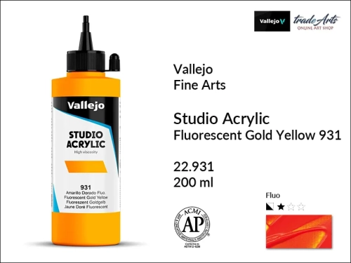 Acrylic Studio Vallejo farba akrylowa Gold Yellow Fluorescent 931, farby akrylowe Vallejo Acrylic Studio, farby akrylowe Vallejo Acrylic Studio 200 ml, farba akrylowa Gold Yellow Fluorescent 931  200 ml, farby Vallejo, Acrylicos Vallejo,