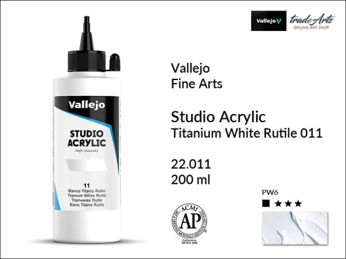 Acrylic Studio Vallejo farba akrylowa Titanium White Rutile 011, farby akrylowe Vallejo Acrylic Studio, farby akrylowe Vallejo Acrylic Studio 200 ml, farba akrylowa Titanium White Rutile 011 200 ml, farby Vallejo, Acrylicos Vallejo,