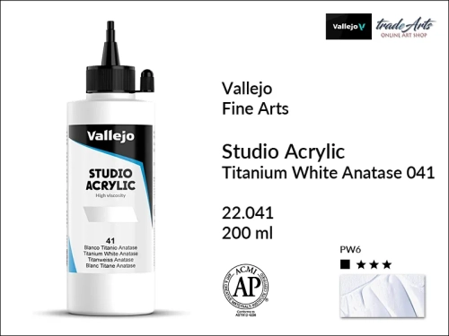 Acrylic Studio Vallejo farba akrylowa Titanium White Anatase 041, farby akrylowe Vallejo Acrylic Studio, farby akrylowe Vallejo Acrylic Studio 200 ml, farba akrylowa Titanium White Anatase 041  200 ml, farby Vallejo, Acrylicos Vallejo,