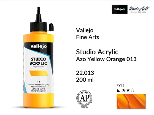 Acrylic Studio Vallejo farba akrylowa Azo Yellow Orange 013, farby akrylowe Vallejo Acrylic Studio, farby akrylowe Vallejo Acrylic Studio 200 ml, farba akrylowa Azo Yellow Orange 013  200 ml, farby Vallejo, Acrylicos Vallejo,