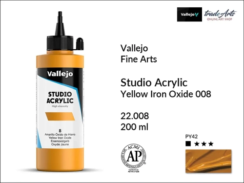 Acrylic Studio Vallejo farba akrylowa Yellow Iron Oxide 008, farby akrylowe Vallejo Acrylic Studio, farby akrylowe Vallejo Acrylic Studio 200 ml, farba akrylowa Yellow Iron Oxide 008  200 ml, farby Vallejo, Acrylicos Vallejo,