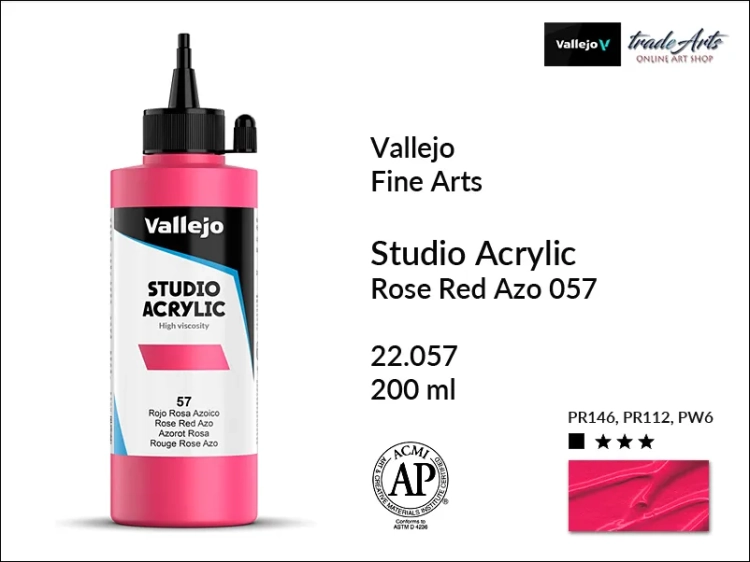Acrylic Studio Vallejo farba akrylowa Rose Red Azo 057, farby akrylowe Vallejo Acrylic Studio, farby akrylowe Vallejo Acrylic Studio 200 ml, farba akrylowa Rose Red Azo 057  200 ml, farby Vallejo, Acrylicos Vallejo,