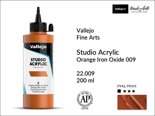 Acrylic Studio Vallejo farba akrylowa Orange Iron Oxide 009, farby akrylowe Vallejo Acrylic Studio, farby akrylowe Vallejo Acrylic Studio 200 ml, farba akrylowa Orange Iron Oxide 009  200 ml, farby Vallejo, Acrylicos Vallejo,