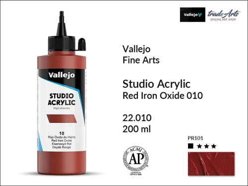 Acrylic Studio Vallejo farba akrylowa Red Iron Oxide 010, farby akrylowe Vallejo Acrylic Studio, farby akrylowe Vallejo Acrylic Studio 200 ml, farba akrylowa Red Iron Oxide 010  200 ml, farby Vallejo, Acrylicos Vallejo,