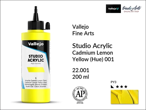 Acrylic Studio Vallejo farba akrylowa Cadmium Lemon Yellow 001, farby akrylowe Vallejo Acrylic Studio, farby akrylowe Vallejo Acrylic Studio 200 ml, farba akrylowa Cadmium Lemon Yellow 001  200 ml, farby Vallejo, Acrylicos Vallejo,