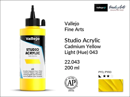 Acrylic Studio Vallejo farba akrylowa Cadmium Yellow Light 043, farby akrylowe Vallejo Acrylic Studio, farby akrylowe Vallejo Acrylic Studio 200 ml, farba akrylowa Cadmium Yellow Light 043  200 ml, farby Vallejo, Acrylicos Vallejo,