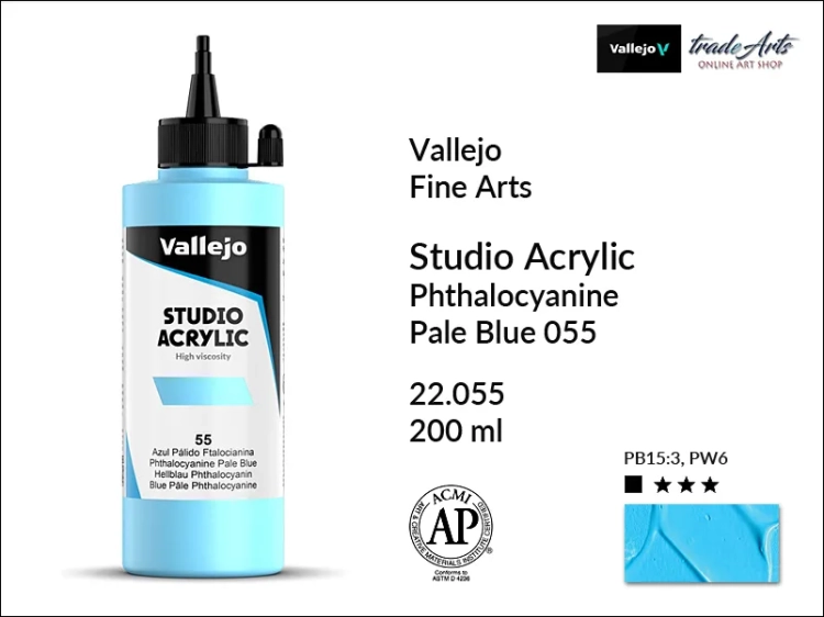 Acrylic Studio Vallejo farba akrylowa Phthalo Pale Blue 055, farby akrylowe Vallejo Acrylic Studio, farby akrylowe Vallejo Acrylic Studio 200 ml, farba akrylowa Phthalo Pale Blue 055  200 ml, farby Vallejo, Acrylicos Vallejo,