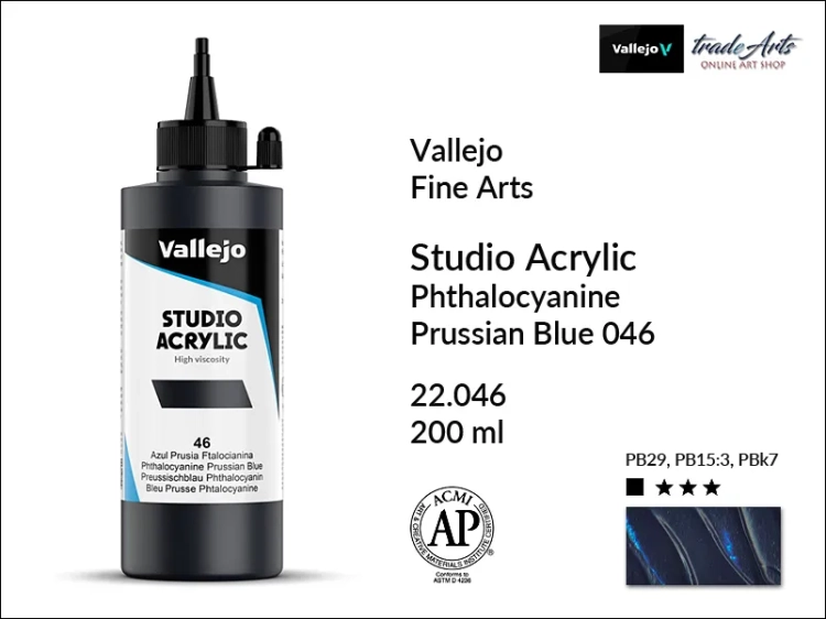 Acrylic Studio Vallejo farba akrylowa Phthalo Prussian Blue 046, farby akrylowe Vallejo Acrylic Studio, farby akrylowe Vallejo Acrylic Studio 200 ml, farba akrylowa Phthalo Prussian Blue 046  200 ml, farby Vallejo, Acrylicos Vallejo,
