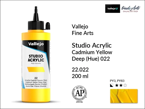 Acrylic Studio Vallejo farba akrylowa Cadmium Yellow Deep 022, farby akrylowe Vallejo Acrylic Studio, farby akrylowe Vallejo Acrylic Studio 200 ml, farba akrylowa Cadmium Yellow Deep 022  200 ml, farby Vallejo, Acrylicos Vallejo,