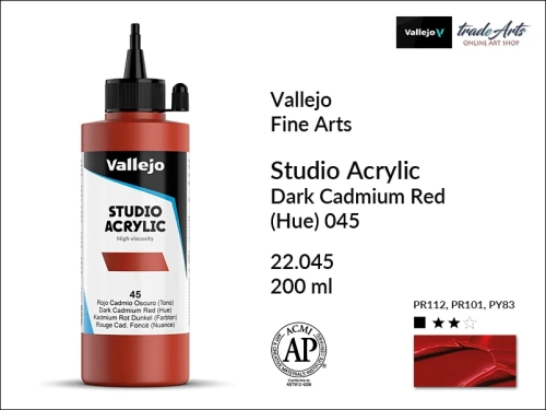 Acrylic Studio Vallejo farba akrylowa Dark Cadmium Red 045, farby akrylowe Vallejo Acrylic Studio, farby akrylowe Vallejo Acrylic Studio 200 ml, farba akrylowa Dark Cadmium Red 045  200 ml, farby Vallejo, Acrylicos Vallejo,