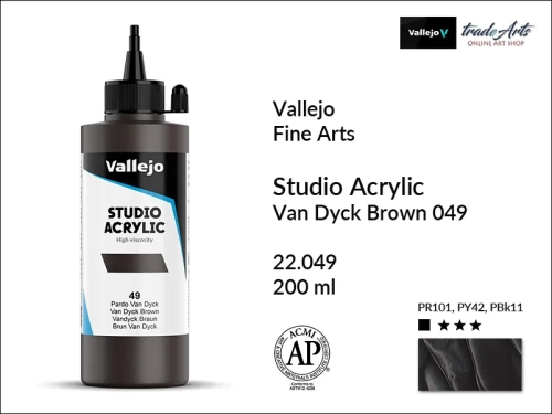 Acrylic Studio Vallejo farba akrylowa Van Dyck Brown 049, farby akrylowe Vallejo Acrylic Studio, farby akrylowe Vallejo Acrylic Studio 200 ml, farba akrylowa Van Dyck Brown 049  200 ml, farby Vallejo, Acrylicos Vallejo,