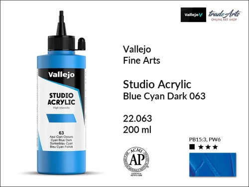 Acrylic Studio Vallejo farba akrylowa Blue Cyan Dark 063, farby akrylowe Vallejo Acrylic Studio, farby akrylowe Vallejo Acrylic Studio 200 ml, farba akrylowa Blue Cyan Dark 063  200 ml, farby Vallejo, Acrylicos Vallejo,