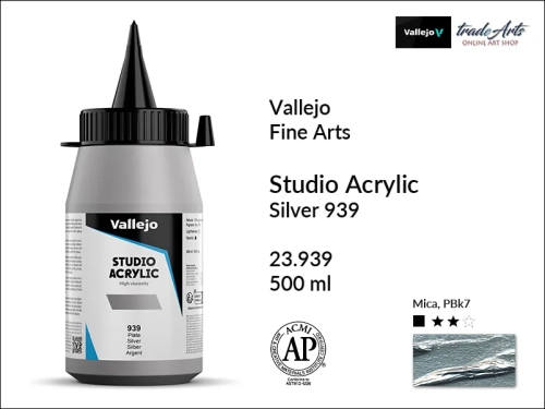 Acrylic Studio Vallejo farba akrylowa Silver 939  500 ml, farby akrylowe Vallejo Acrylic Studio, farby akrylowe Vallejo Acrylic Studio 500 ml, farba akrylowa Silver 939  500 ml, farby Vallejo, Acrylicos Vallejo,