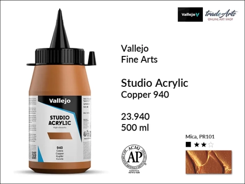 Acrylic Studio Vallejo farba akrylowa Copper 940  500 ml, farby akrylowe Vallejo Acrylic Studio, farby akrylowe Vallejo Acrylic Studio 500 ml, farba akrylowa Copper 940  500 ml, farby Vallejo, Acrylicos Vallejo,