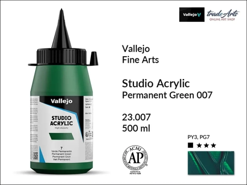 Acrylic Studio Vallejo farba akrylowa Permanent Green 007  500 ml, farby akrylowe Vallejo Acrylic Studio, farby akrylowe Vallejo Acrylic Studio 500 ml, farba akrylowa Permanent Green 007  500 ml, farby Vallejo, Acrylicos Vallejo,