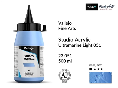 Acrylic Studio Vallejo farba akrylowa Ultramarine Light 051  500 ml, farby akrylowe Vallejo Acrylic Studio, farby akrylowe Vallejo Acrylic Studio 500 ml, farba akrylowa Ultramarine Light 051  500 ml, farby Vallejo, Acrylicos Vallejo,