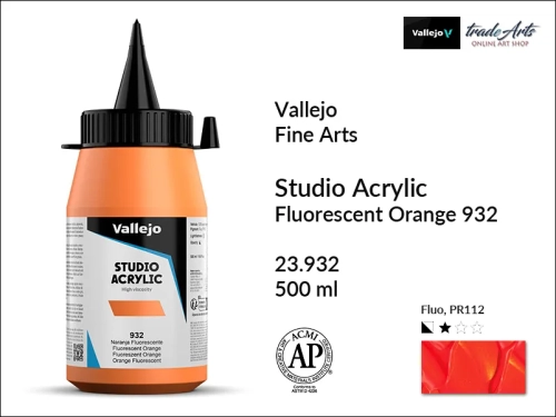 Acrylic Studio Vallejo farba akrylowa Orange Fluorescent 932  500 ml, farby akrylowe Vallejo Acrylic Studio, farby akrylowe Vallejo Acrylic Studio 500 ml, farba akrylowa Orange Fluorescent 932  500 ml, farby Vallejo, Acrylicos Vallejo,