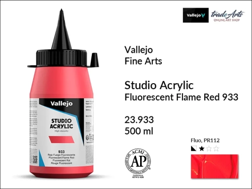 Acrylic Studio Vallejo farba akrylowa Flame Red Fluorescent 933  500 ml, farby akrylowe Vallejo Acrylic Studio, farby akrylowe Vallejo Acrylic Studio 500 ml, farba akrylowa Flame Red Fluorescent 933  500 ml, farby Vallejo, Acrylicos Vallejo,