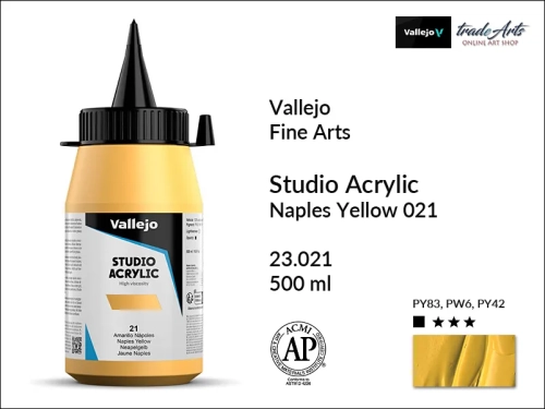 Acrylic Studio Vallejo farba akrylowa Naples Yellow 021  500 ml, farby akrylowe Vallejo Acrylic Studio, farby akrylowe Vallejo Acrylic Studio 500 ml, farba akrylowa Naples Yellow 021  500 ml, farby Vallejo, Acrylicos Vallejo,