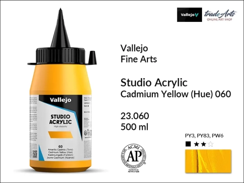 Acrylic Studio Vallejo farba akrylowa Cadmium Yellow 060  500 ml, farby akrylowe Vallejo Acrylic Studio, farby akrylowe Vallejo Acrylic Studio 500 ml, farba akrylowa Cadmium Yellow 060  500 ml, farby Vallejo, Acrylicos Vallejo,