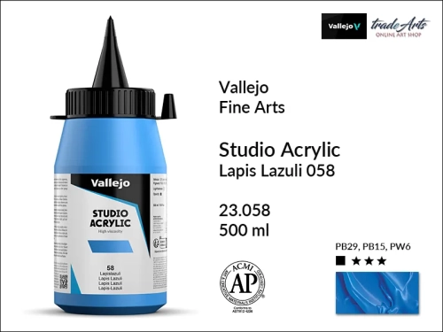 Acrylic Studio Vallejo farba akrylowa Lapis Lazuli 058  500 ml, farby akrylowe Vallejo Acrylic Studio, farby akrylowe Vallejo Acrylic Studio 500 ml, farba akrylowa Lapis Lazuli 058  500 ml, farby Vallejo, Acrylicos Vallejo,