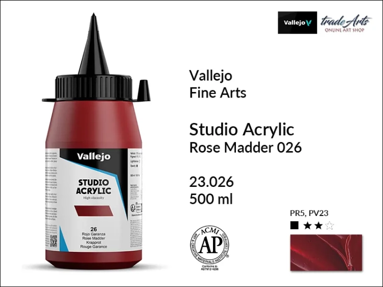Acrylic Studio Vallejo farba akrylowa Rose Madder 026  500 ml, farby akrylowe Vallejo Acrylic Studio, farby akrylowe Vallejo Acrylic Studio 500 ml, farba akrylowa Rose Madder 026  500 ml, farby Vallejo, Acrylicos Vallejo,
