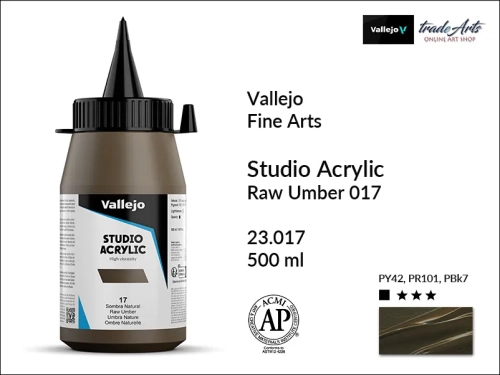 Acrylic Studio Vallejo farba akrylowa Raw Umber 017  500 ml, farby akrylowe Vallejo Acrylic Studio, farby akrylowe Vallejo Acrylic Studio 500 ml, farba akrylowa Raw Umber 017  500 ml, farby Vallejo, Acrylicos Vallejo,