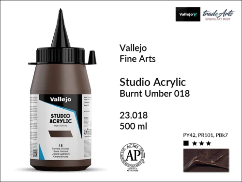 Acrylic Studio Vallejo farba akrylowa Burnt Umber 018  500 ml, farby akrylowe Vallejo Acrylic Studio, farby akrylowe Vallejo Acrylic Studio 500 ml, farba akrylowa Burnt Umber 018  500 ml, farby Vallejo, Acrylicos Vallejo,