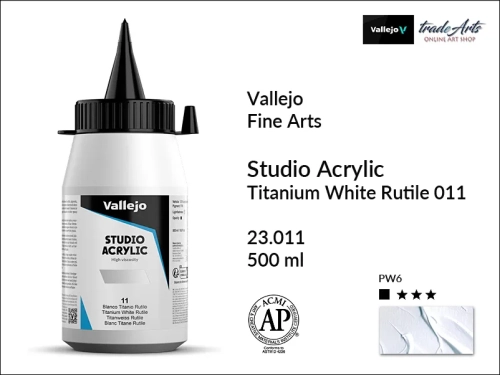 Acrylic Studio Vallejo farba akrylowa Titanium White Rutile 011  500 ml, farby akrylowe Vallejo Acrylic Studio, farby akrylowe Vallejo Acrylic Studio 500 ml, farba akrylowa Titanium White Rutile 011  500 ml, farby Vallejo, Acrylicos Vallejo,