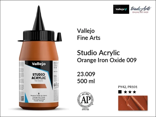 Acrylic Studio Vallejo farba akrylowa Orange Iron Oxide 009  500 ml, farby akrylowe Vallejo Acrylic Studio, farby akrylowe Vallejo Acrylic Studio 500 ml, farba akrylowa Orange Iron Oxide 009  500 ml, farby Vallejo, Acrylicos Vallejo,